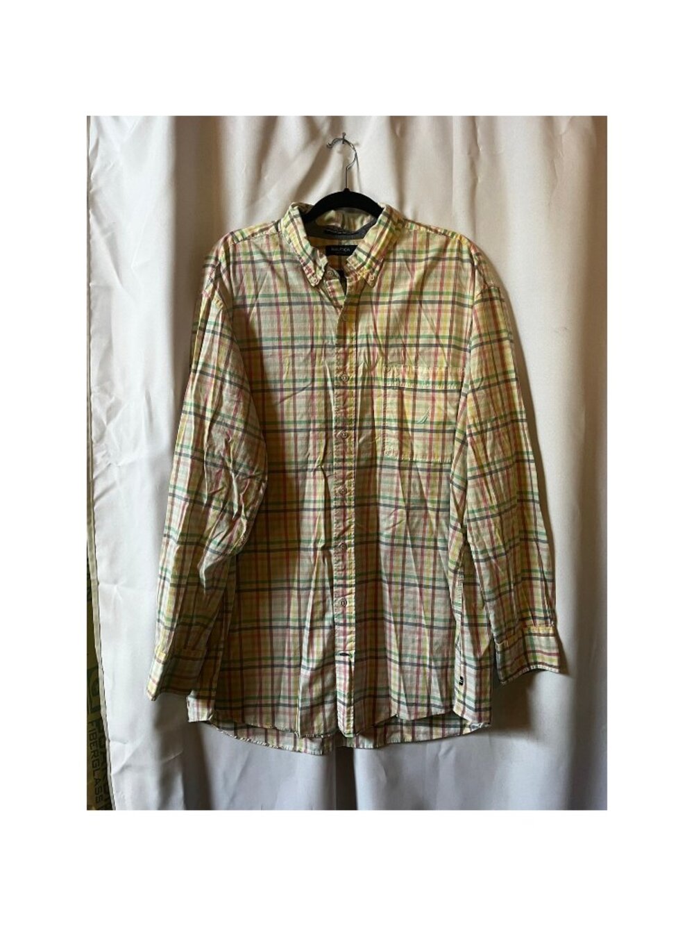 Nautica Mens Yellow Plaid Button-Up Shirt 2XL Long Sleeve Lightweight Cotton